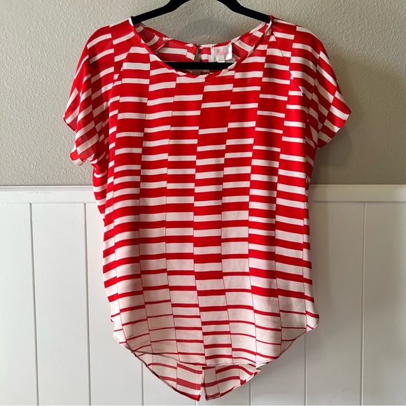 PARKER • 100% Silk Red & White Short Sleeve Open Back Blouse - Picture 1 of 7